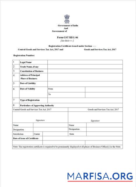 Blank India certificate of GST registration Word and PDF template
